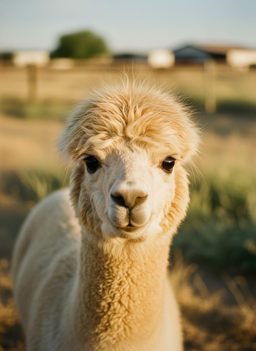 A close-up of a fluffy alpaca with a gentle, curious expression in warm golden light.