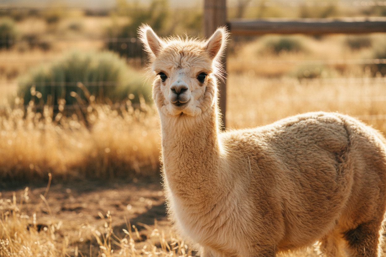 A portrait of Marshmallow, a fluffy alpaca.