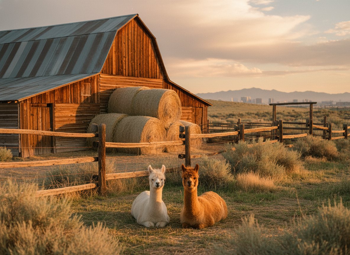 A rustic barn on the ranch glowing in warm evening light.