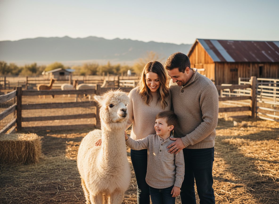 A child gently hand-feeding an alpaca while a parent watches and smiles at golden hour.