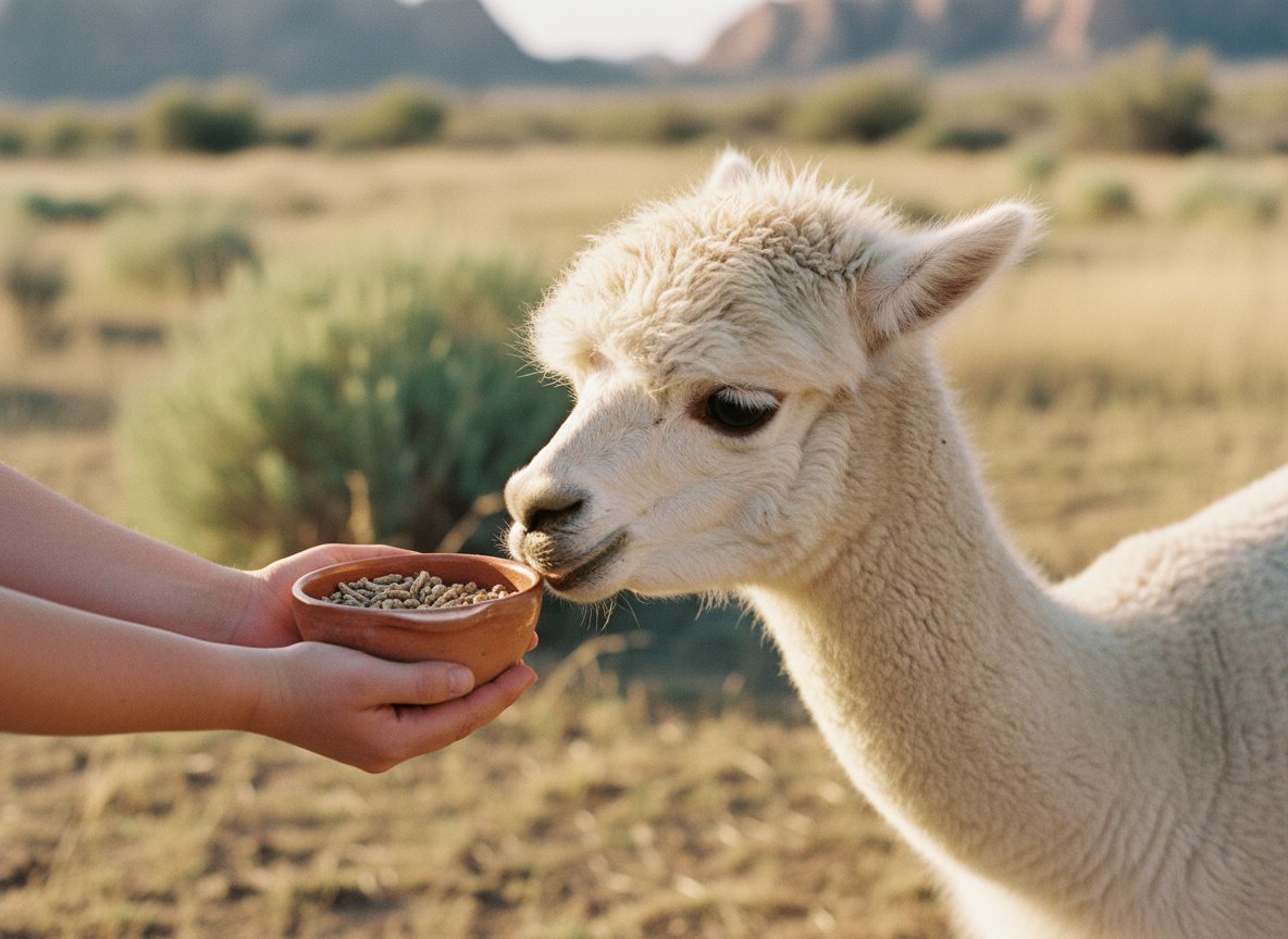 A gentle hand feeding a fluffy alpaca a cup of feed in warm light.