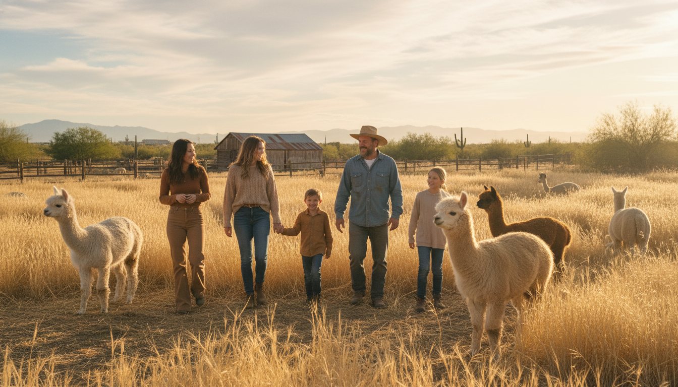 A small guided group walking among alpacas on a farm tour at golden hour.